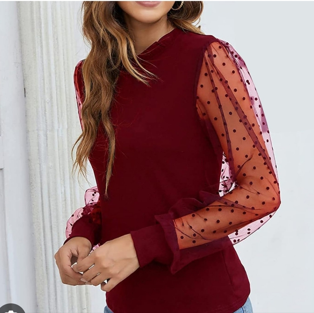 3/$15 High Neck Red Sheer Polka Dot Sleeve Holiday Top 🎄🎁♥️ Size L - pre-loved